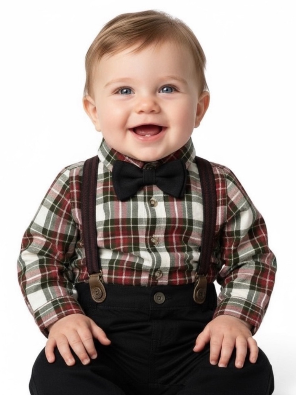 Corduroy and Plaid Matching Christmas Church Outfit with Bow Tie & Suspenders